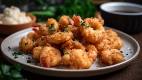 Deep fried prawns on skewers with savory sauce generated by artificial intelligence