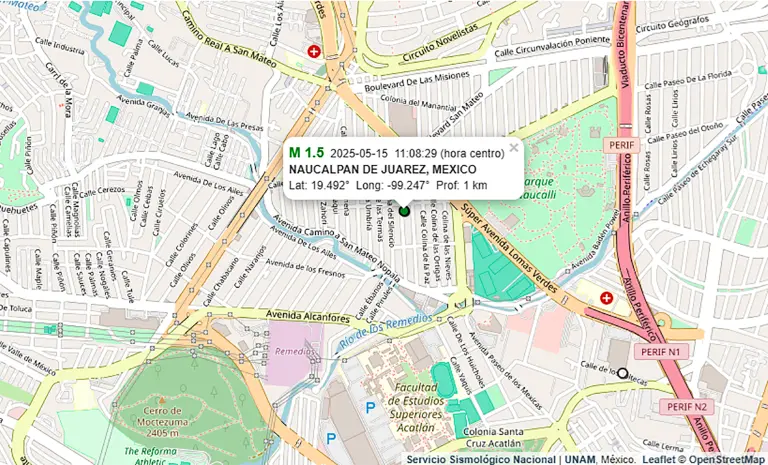 Mapa de la ubicación del epicentro del microsismo registrado a las 11:08 horas en Naucalpan de Juárez.